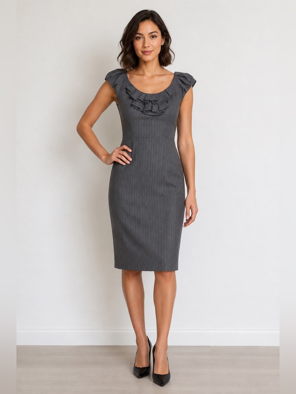 Rebecca Taylor Gray Pinstripe Wool Ruffle Sheath Dress Size 3 Career